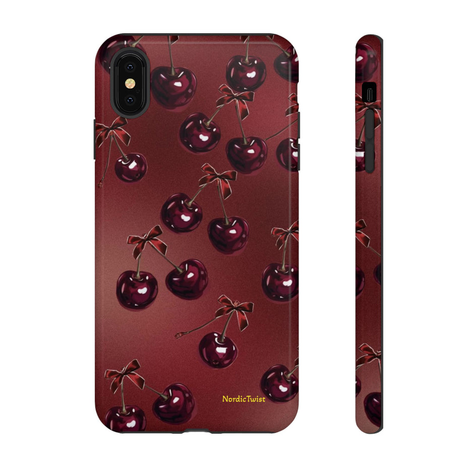 Cherry Pattern Tough Phone Case — Retro Dark Red Cherry iPhone Cover