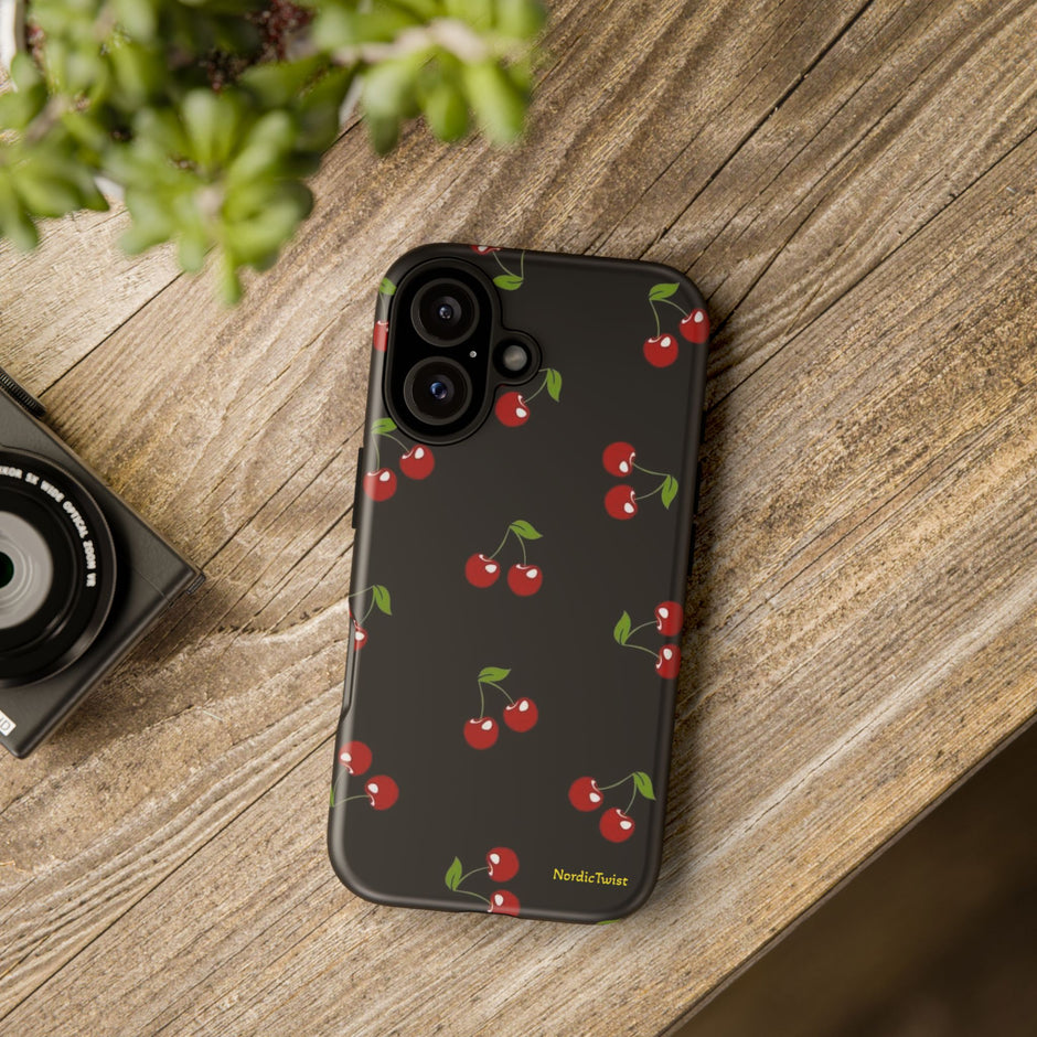 Cherry Pattern Tough Phone Case — Black Retro Cherry iPhone Cover