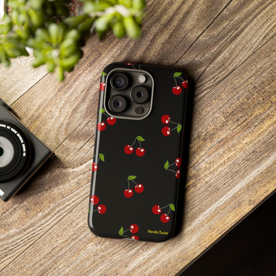 Cherry Pattern Tough Phone Case — Black Retro Cherry iPhone Cover