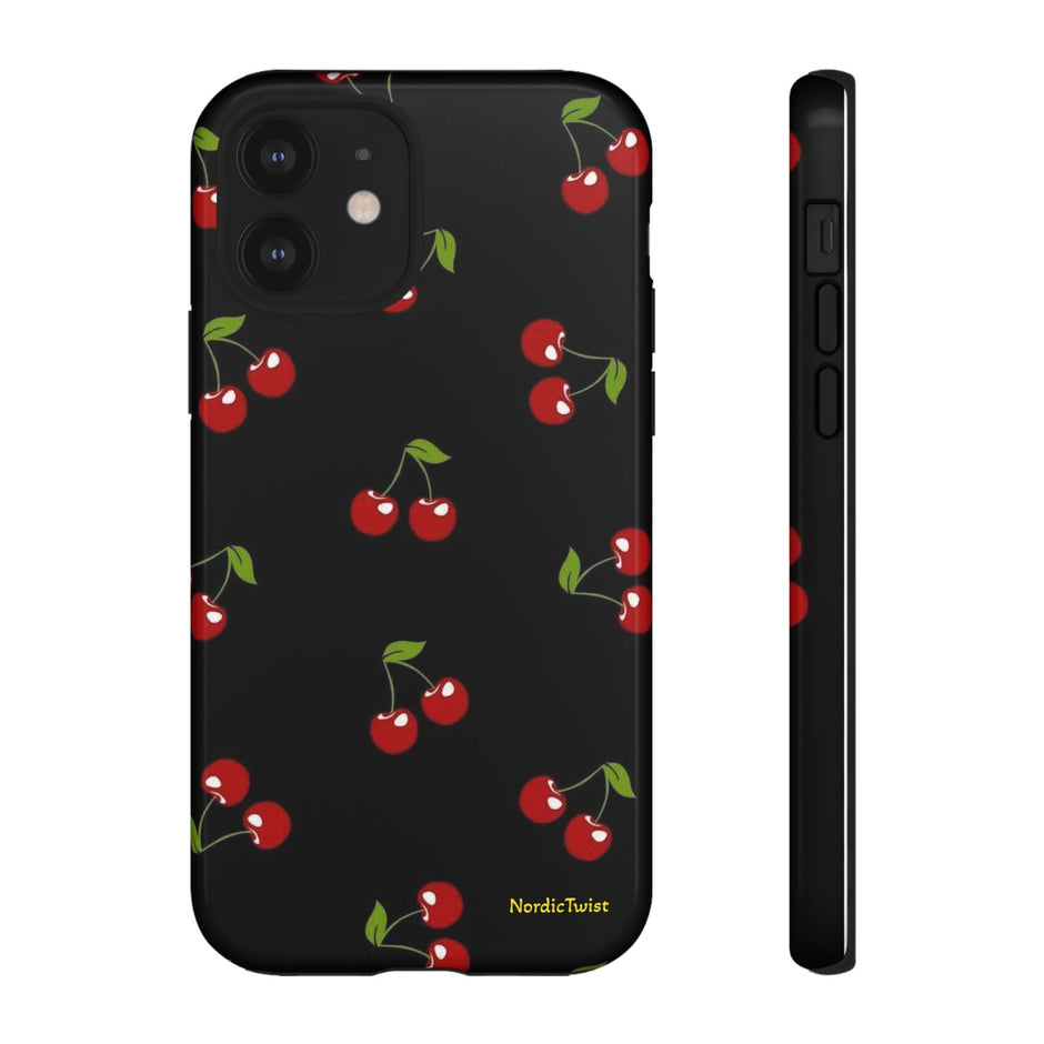 Cherry Pattern Tough Phone Case — Black Retro Cherry iPhone Cover