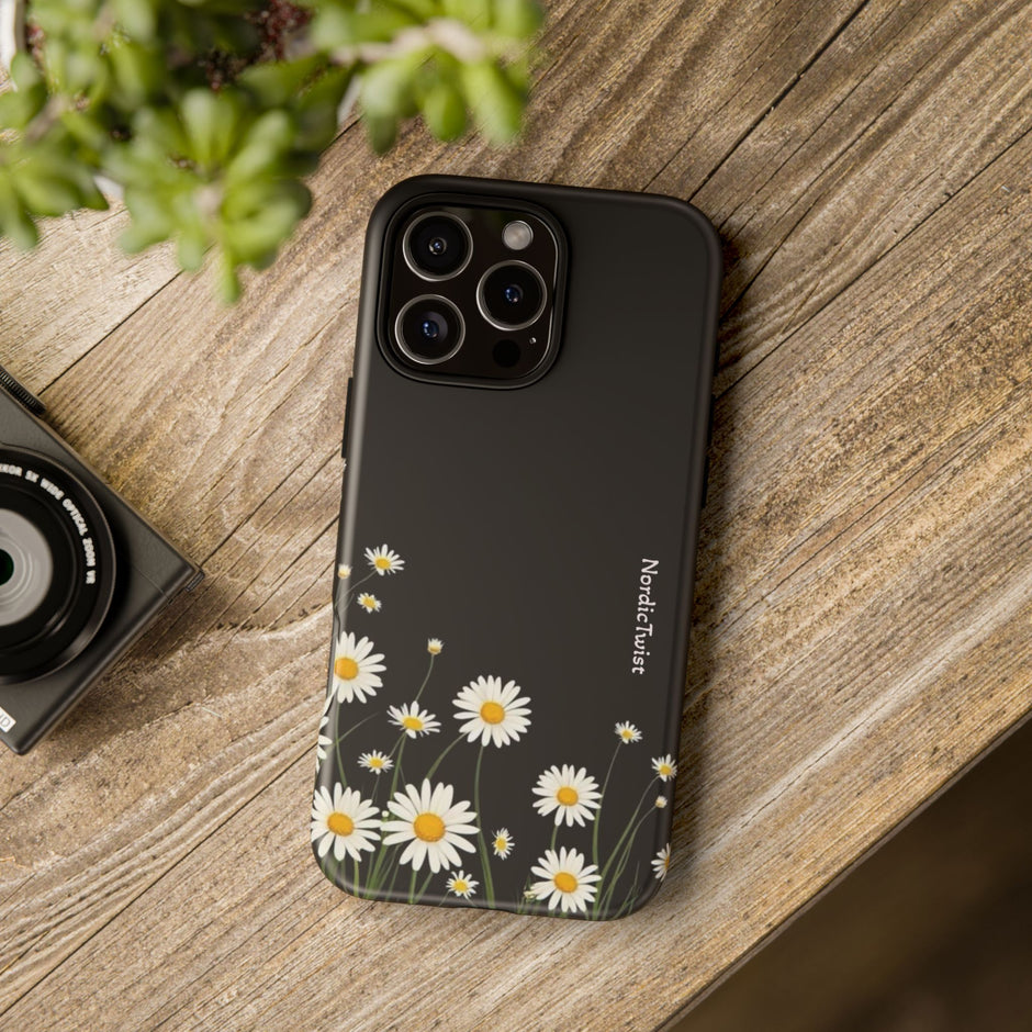 Daisy Floral Tough Phone Case – Protective Black Phone Cover with White Daisies