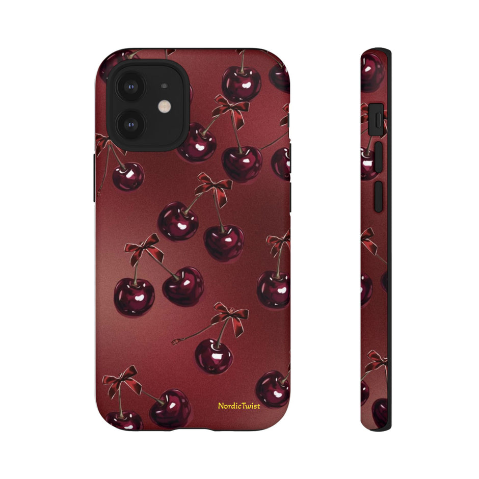 Cherry Pattern Tough Phone Case — Retro Dark Red Cherry iPhone Cover