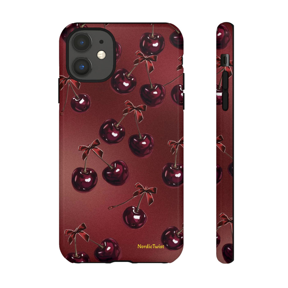 Cherry Pattern Tough Phone Case — Retro Dark Red Cherry iPhone Cover