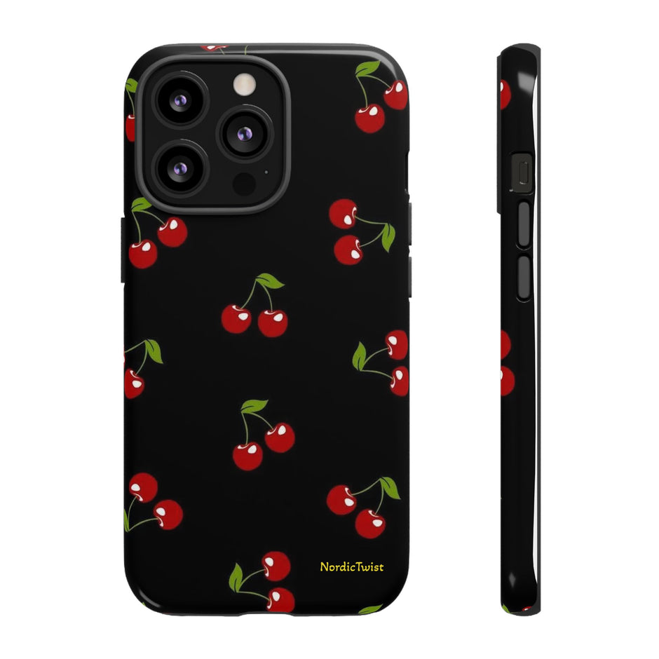 Cherry Pattern Tough Phone Case — Black Retro Cherry iPhone Cover