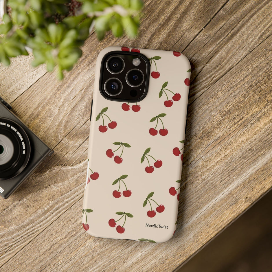 Cherry Pattern Tough Phone Case — Retro Red Cherries on Cream