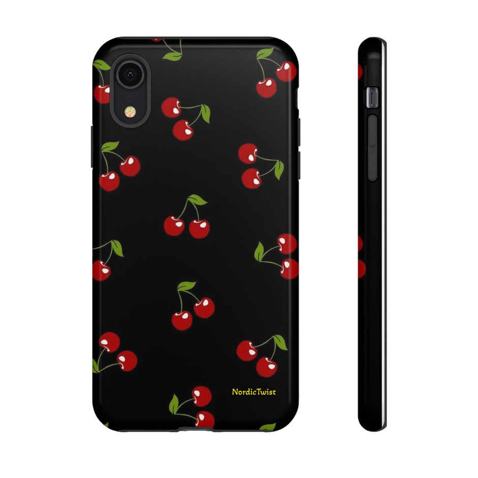 Cherry Pattern Tough Phone Case — Black Retro Cherry iPhone Cover