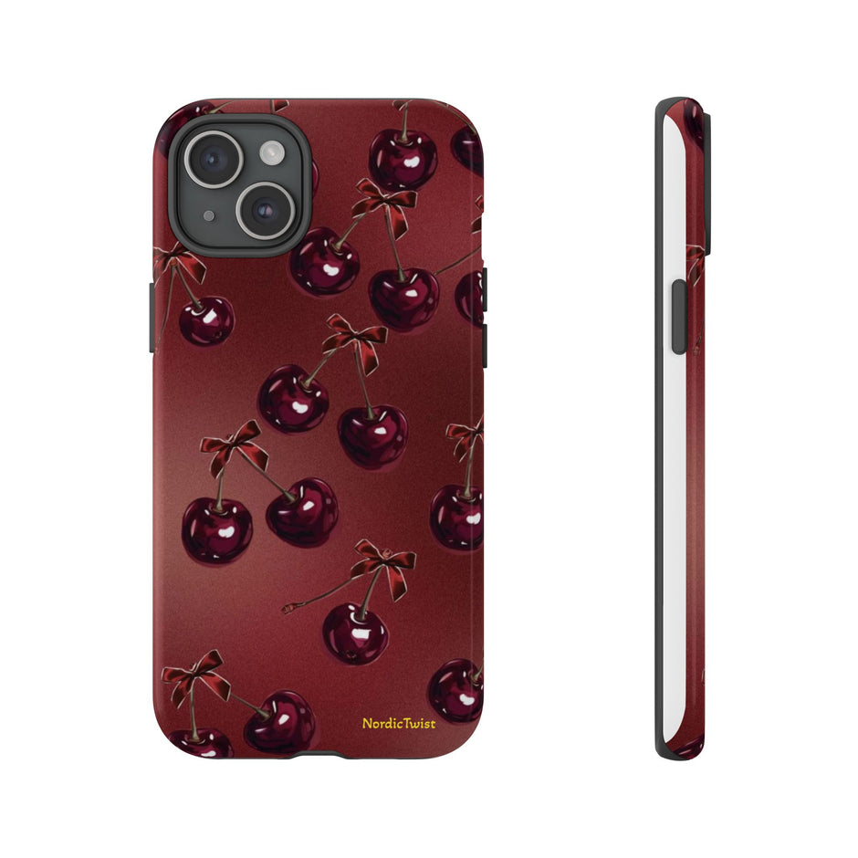 Cherry Pattern Tough Phone Case — Retro Dark Red Cherry iPhone Cover