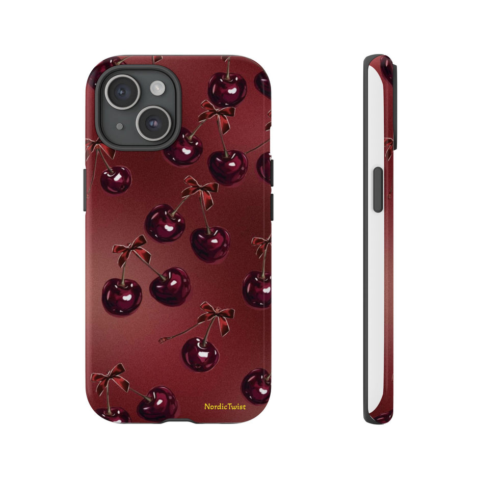 Cherry Pattern Tough Phone Case — Retro Dark Red Cherry iPhone Cover