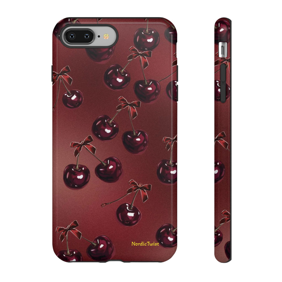 Cherry Pattern Tough Phone Case — Retro Dark Red Cherry iPhone Cover