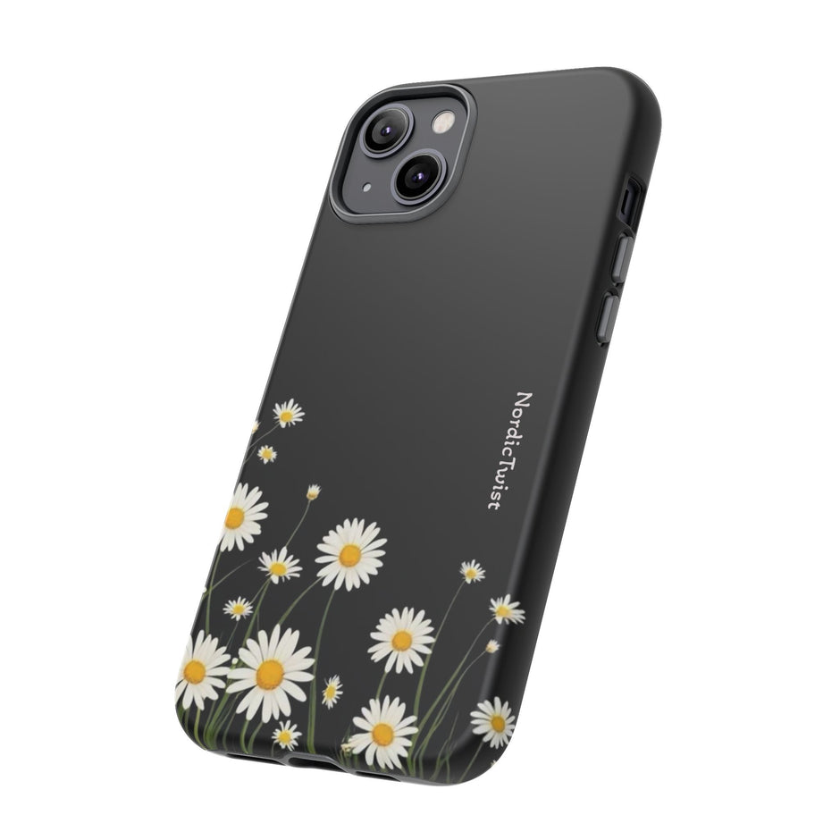Daisy Floral Tough Phone Case – Protective Black Phone Cover with White Daisies