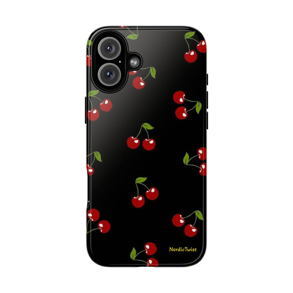Cherry Pattern Tough Phone Case — Black Retro Cherry iPhone Cover