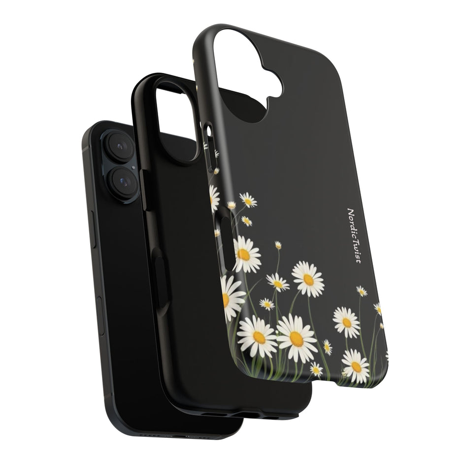 Daisy Floral Tough Phone Case – Protective Black Phone Cover with White Daisies