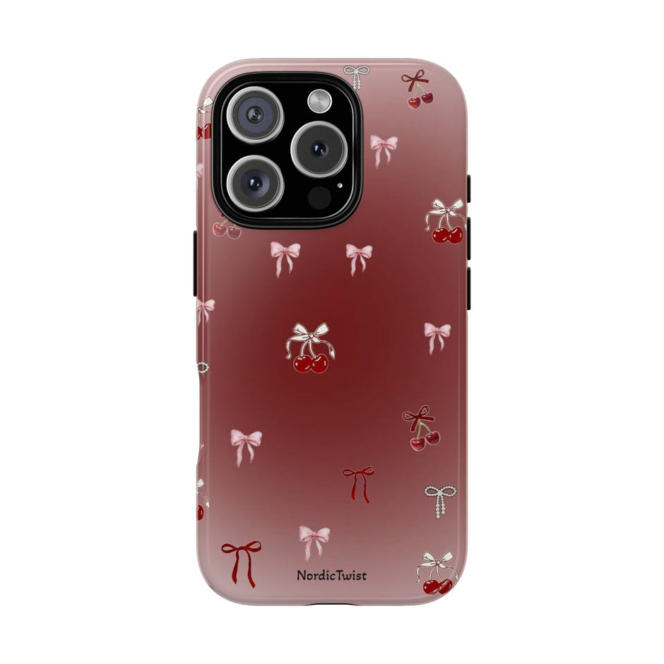 Cherry Bow Phone Case — Cute Red Gradient Protective Cover