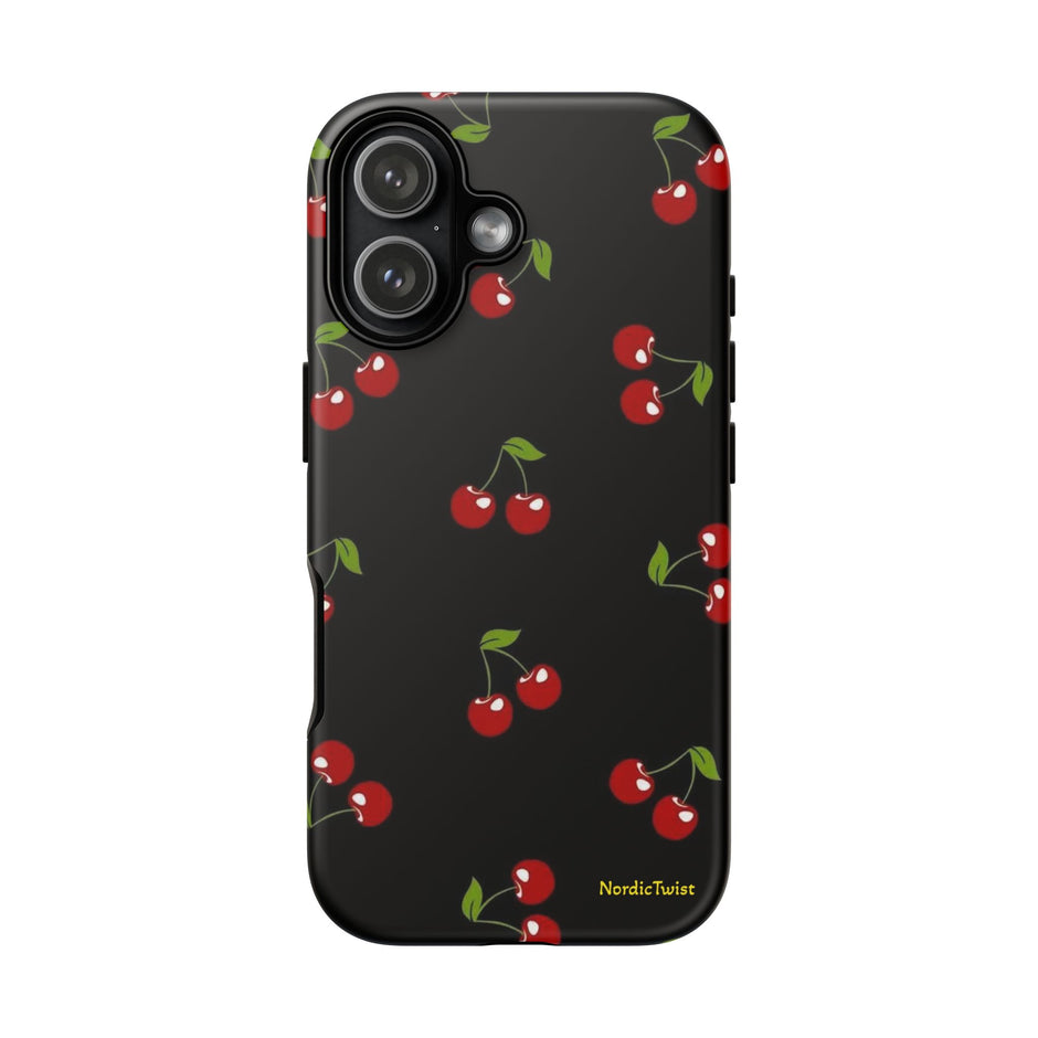 Cherry Pattern Tough Phone Case — Black Retro Cherry iPhone Cover