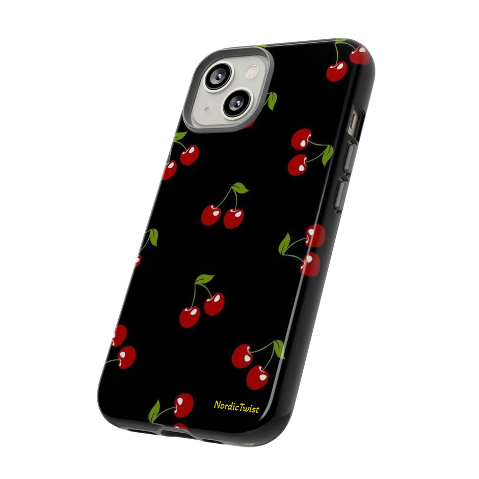 Cherry Pattern Tough Phone Case — Black Retro Cherry iPhone Cover