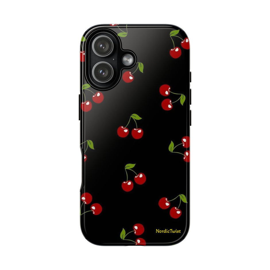 Cherry Pattern Tough Phone Case — Black Retro Cherry iPhone Cover