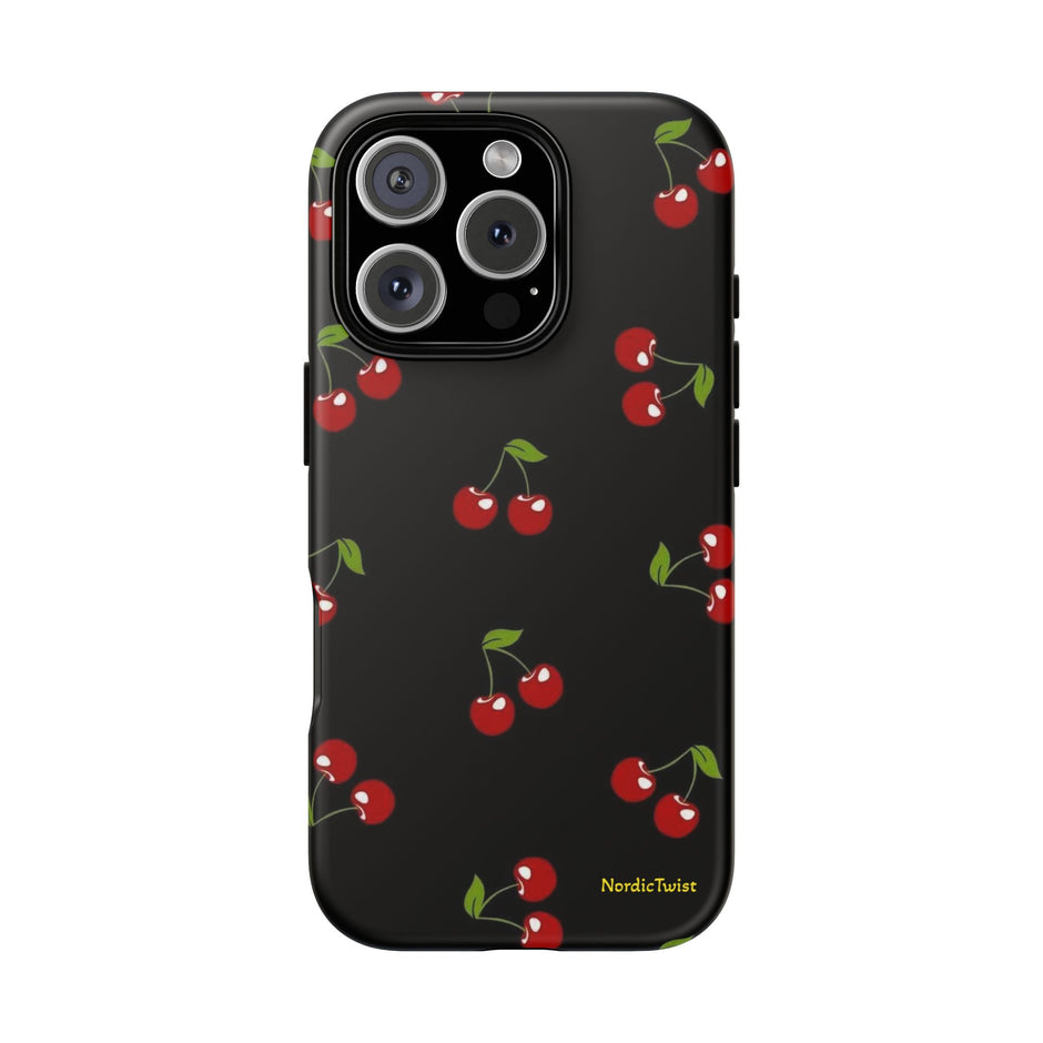 Cherry Pattern Tough Phone Case — Black Retro Cherry iPhone Cover