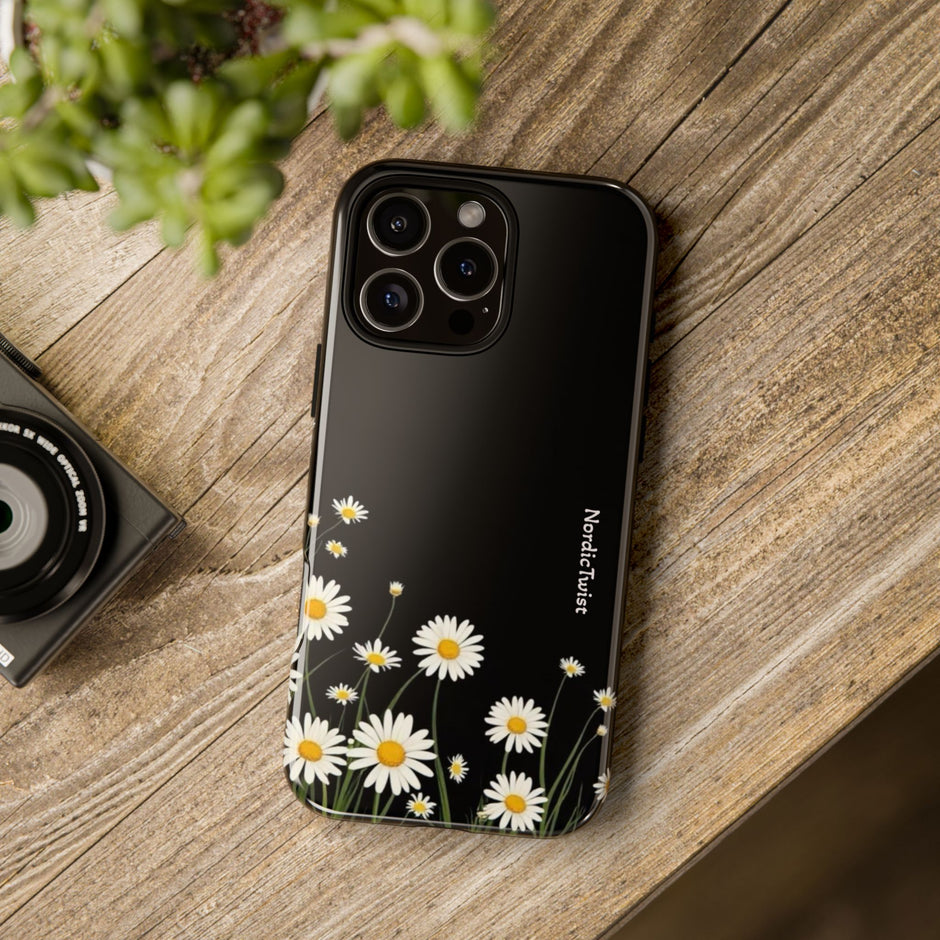 Daisy Floral Tough Phone Case – Protective Black Phone Cover with White Daisies