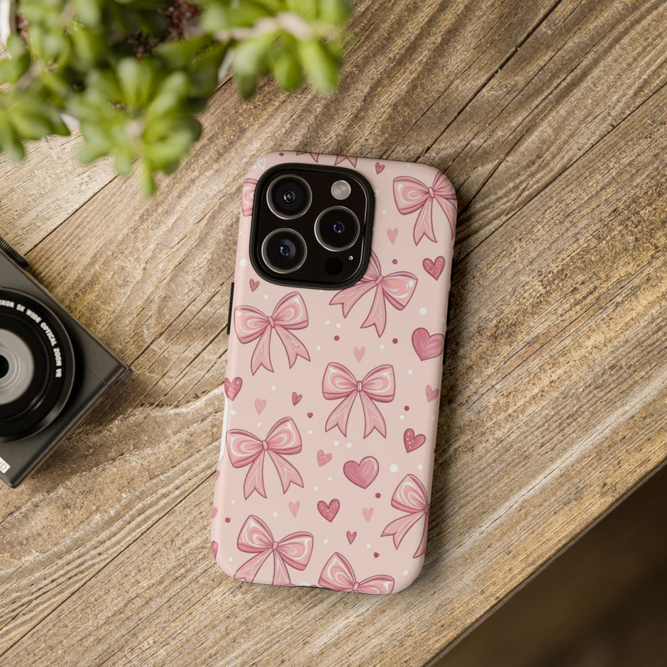 Pink Bow & Hearts Tough Phone Case — Cute Floral Ribbon iPhone Cover