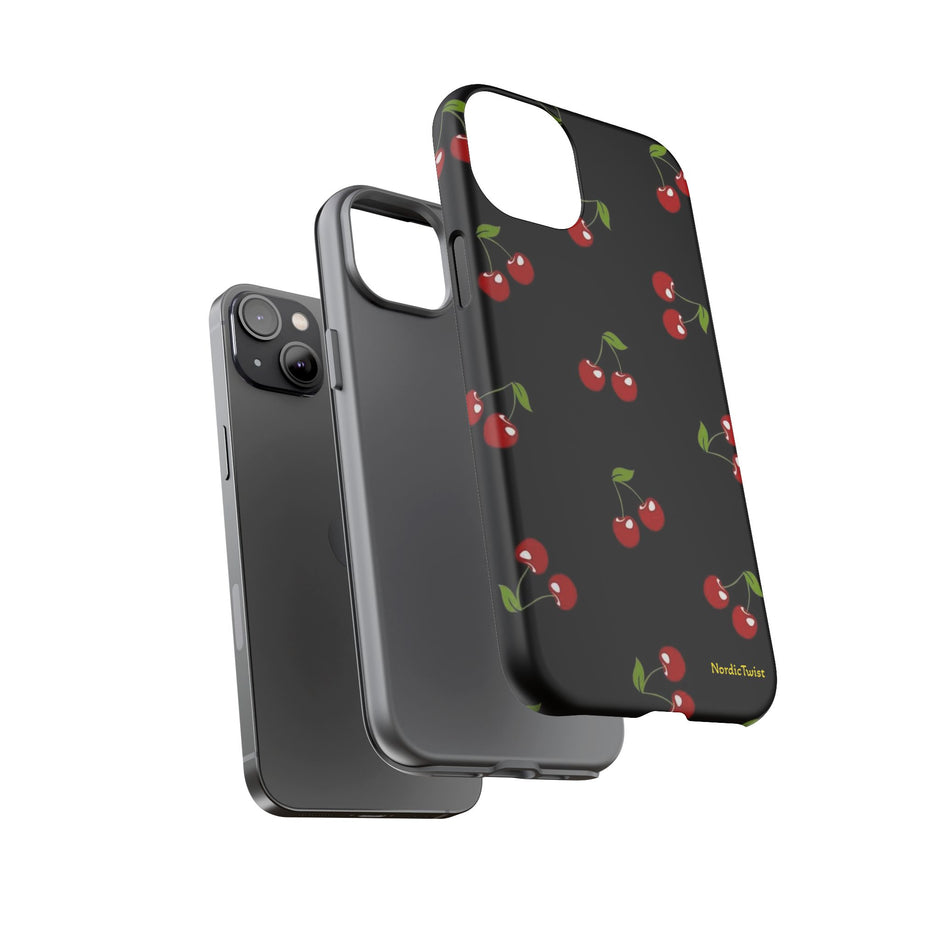 Cherry Pattern Tough Phone Case — Black Retro Cherry iPhone Cover