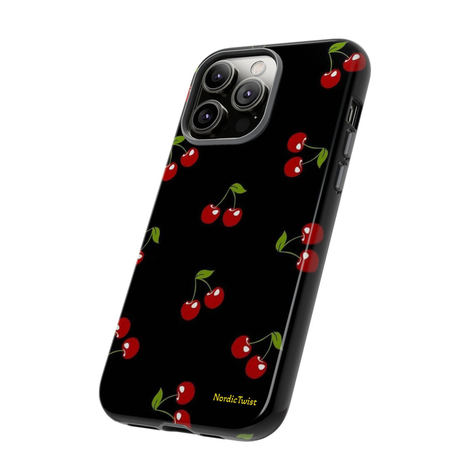 Cherry Pattern Tough Phone Case — Black Retro Cherry iPhone Cover