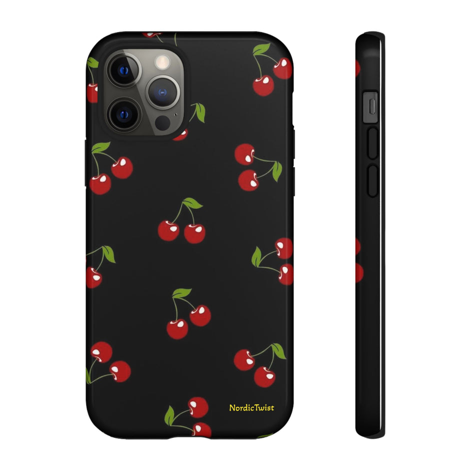 Cherry Pattern Tough Phone Case — Black Retro Cherry iPhone Cover
