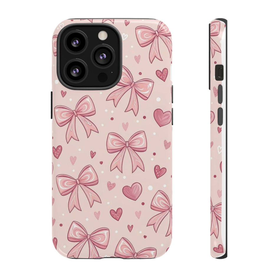 Pink Bow & Hearts Tough Phone Case — Cute Floral Ribbon iPhone Cover