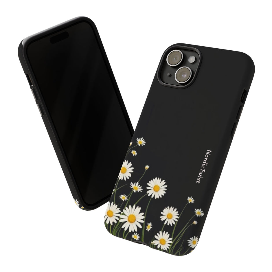 Daisy Floral Tough Phone Case – Protective Black Phone Cover with White Daisies