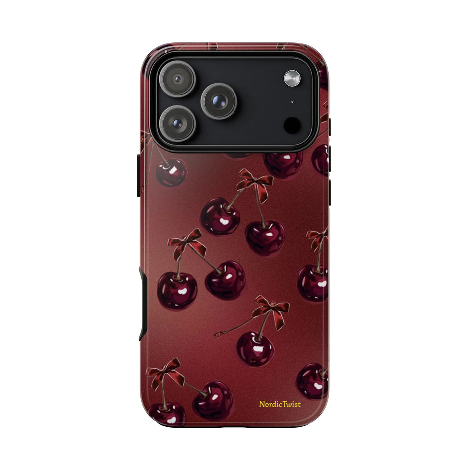 Cherry Pattern Tough Phone Case — Retro Dark Red Cherry iPhone Cover