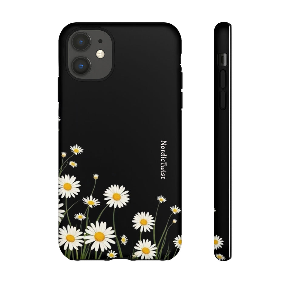 Daisy Floral Tough Phone Case – Protective Black Phone Cover with White Daisies