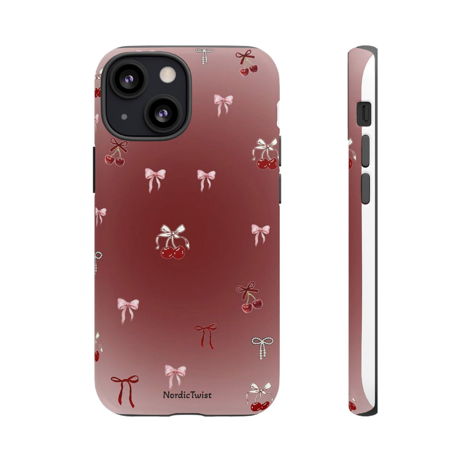 Cherry Bow Phone Case — Cute Red Gradient Protective Cover