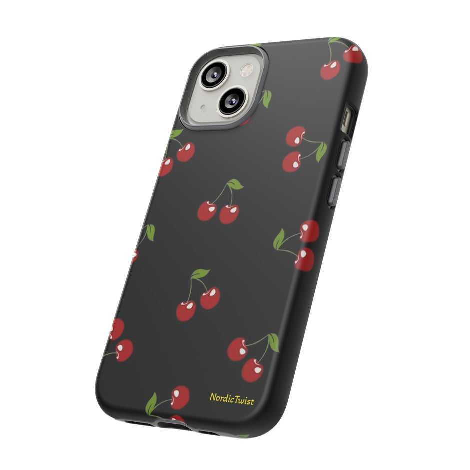 Cherry Pattern Tough Phone Case — Black Retro Cherry iPhone Cover