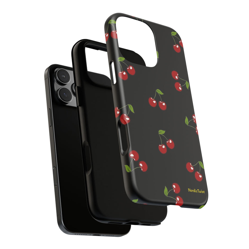 Cherry Pattern Tough Phone Case — Black Retro Cherry iPhone Cover