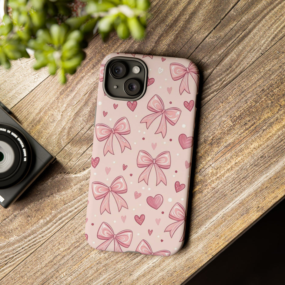 Pink Bow & Hearts Tough Phone Case — Cute Floral Ribbon iPhone Cover