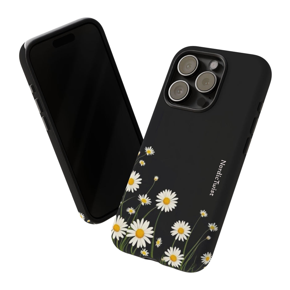 Daisy Floral Tough Phone Case – Protective Black Phone Cover with White Daisies