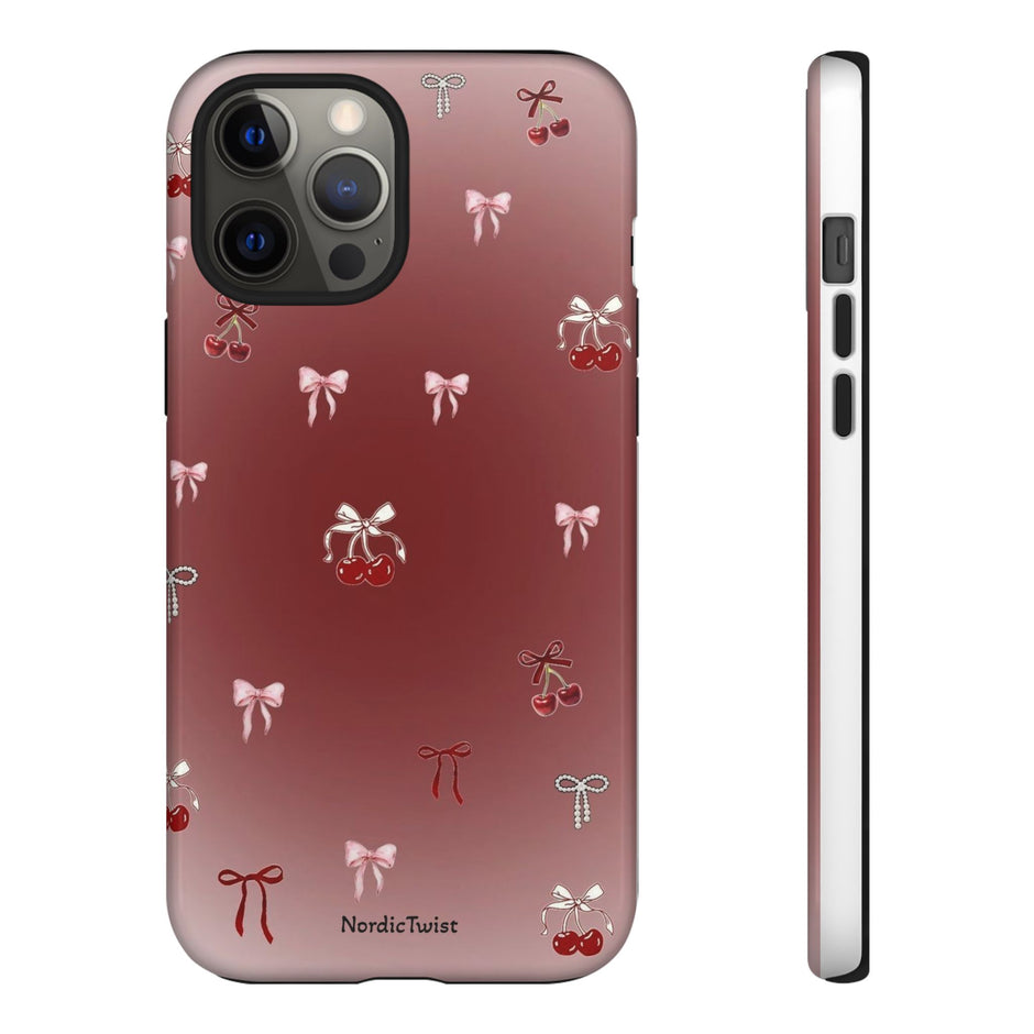 Cherry Bow Phone Case — Cute Red Gradient Protective Cover