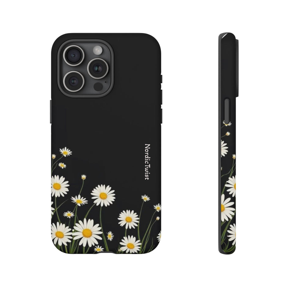 Daisy Floral Tough Phone Case – Protective Black Phone Cover with White Daisies