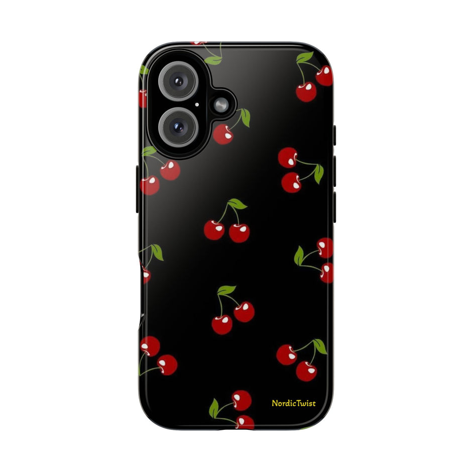 Cherry Pattern Tough Phone Case — Black Retro Cherry iPhone Cover