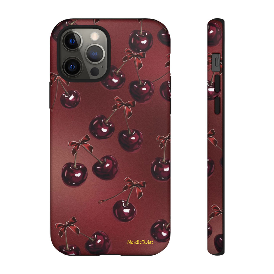 Cherry Pattern Tough Phone Case — Retro Dark Red Cherry iPhone Cover