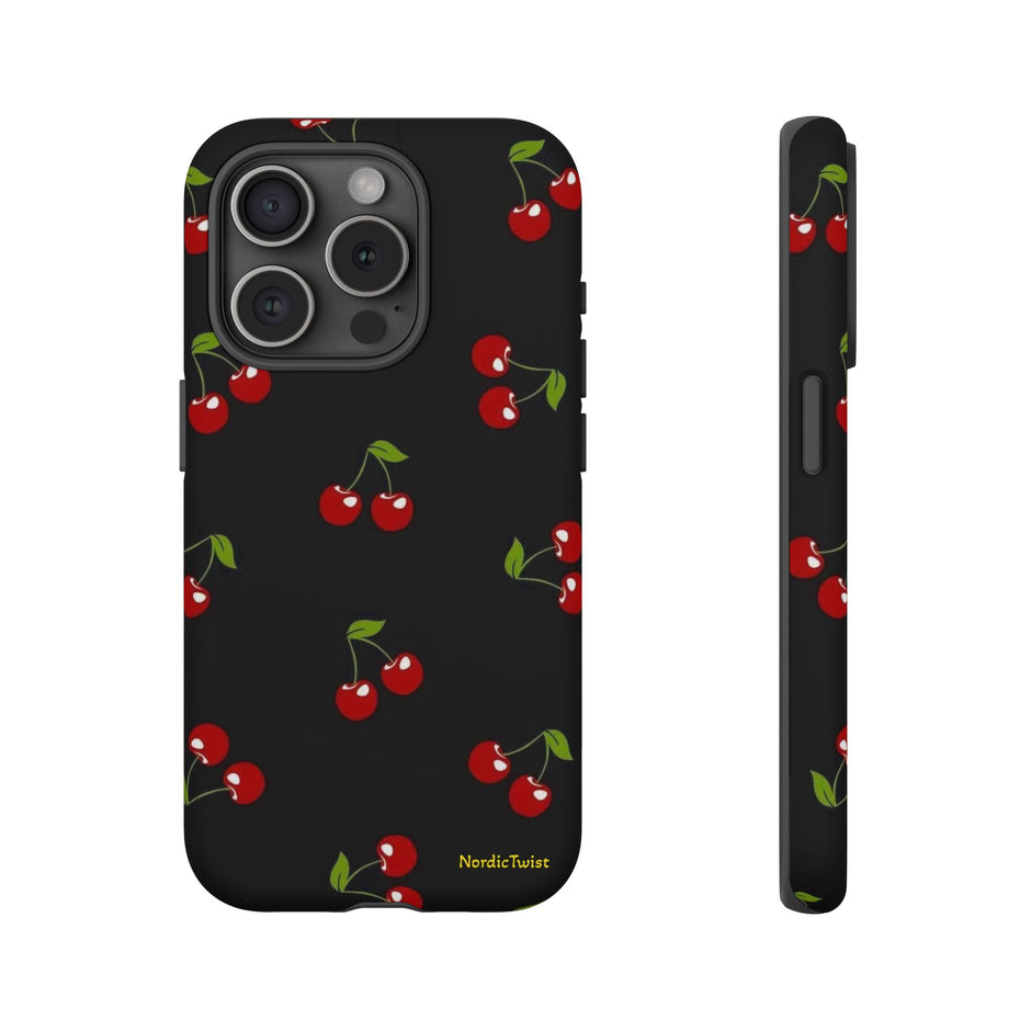 Cherry Pattern Tough Phone Case — Black Retro Cherry iPhone Cover