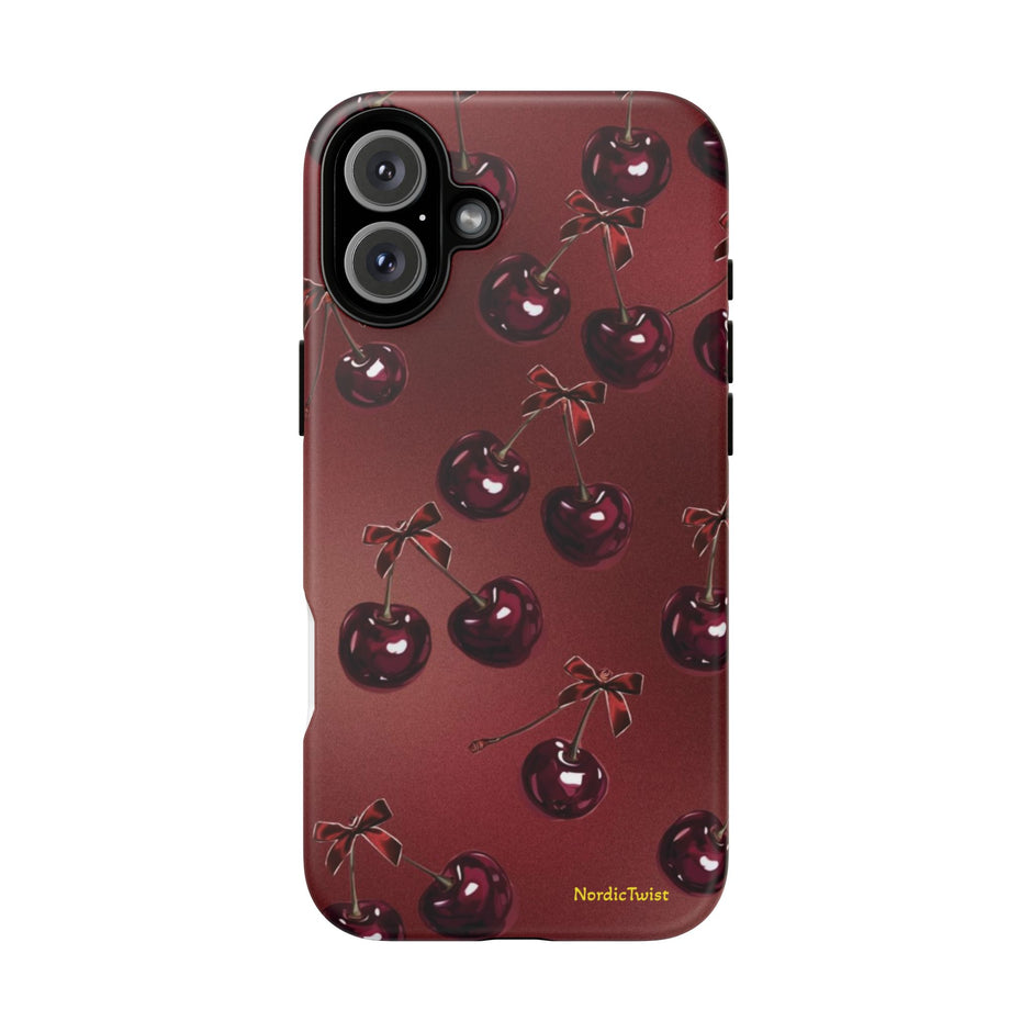 Cherry Pattern Tough Phone Case — Retro Dark Red Cherry iPhone Cover