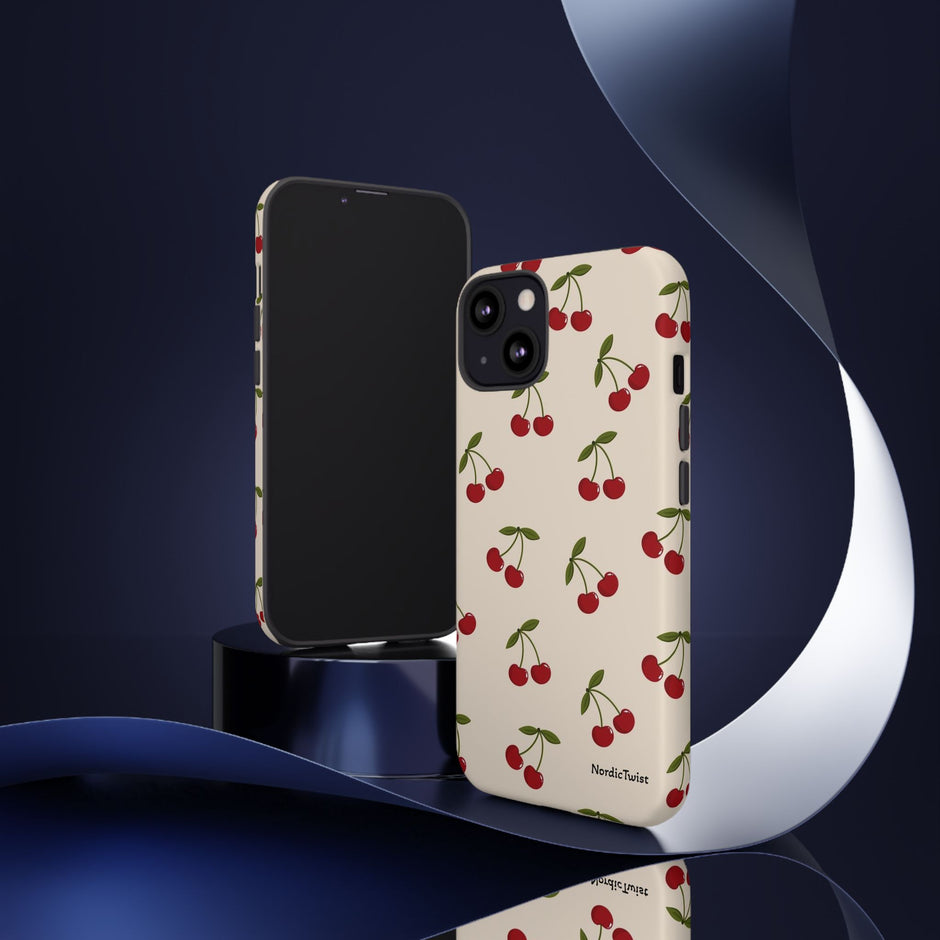 Cherry Pattern Tough Phone Case — Retro Red Cherries on Cream
