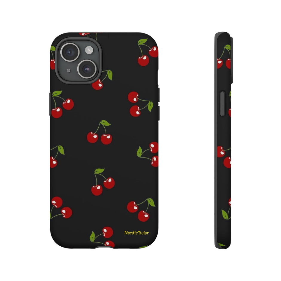 Cherry Pattern Tough Phone Case — Black Retro Cherry iPhone Cover