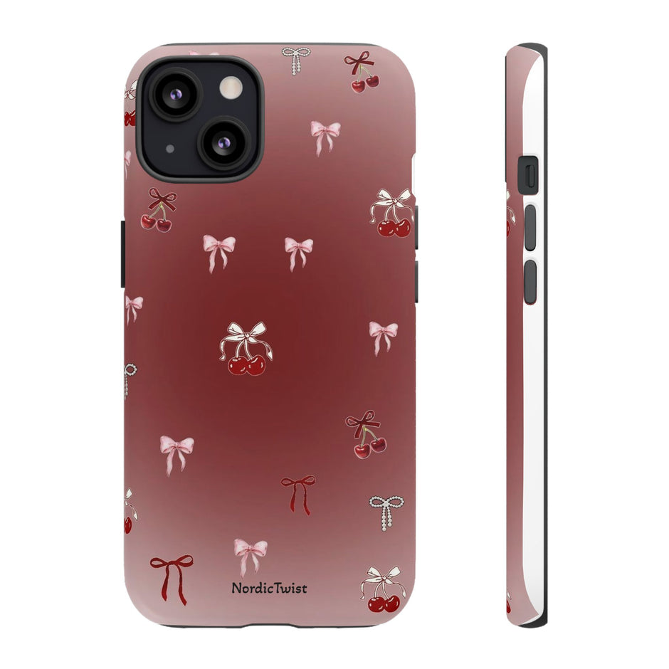 Cherry Bow Phone Case — Cute Red Gradient Protective Cover