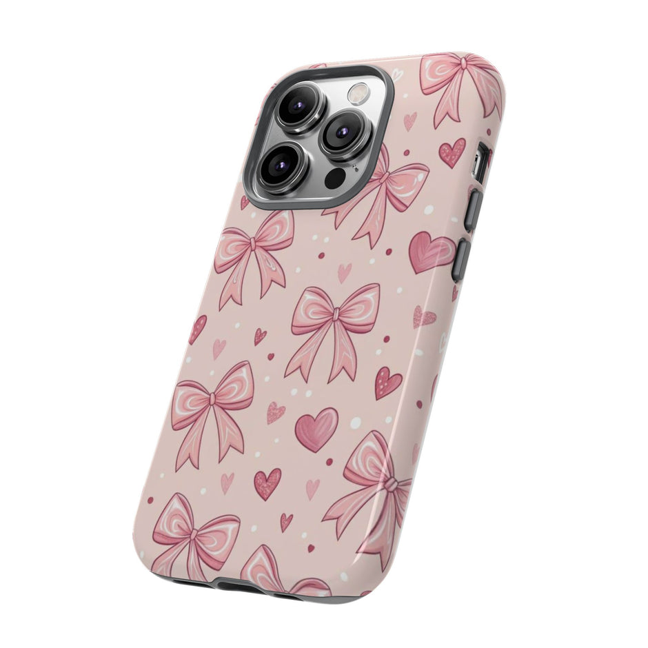 Pink Bow & Hearts Tough Phone Case — Cute Floral Ribbon iPhone Cover