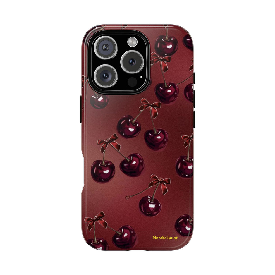Cherry Pattern Tough Phone Case — Retro Dark Red Cherry iPhone Cover