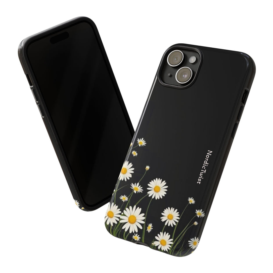 Daisy Floral Tough Phone Case – Protective Black Phone Cover with White Daisies