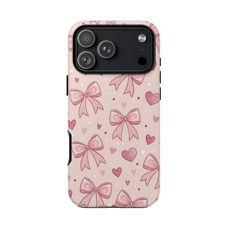 Pink Bow & Hearts Tough Phone Case — Cute Floral Ribbon iPhone Cover