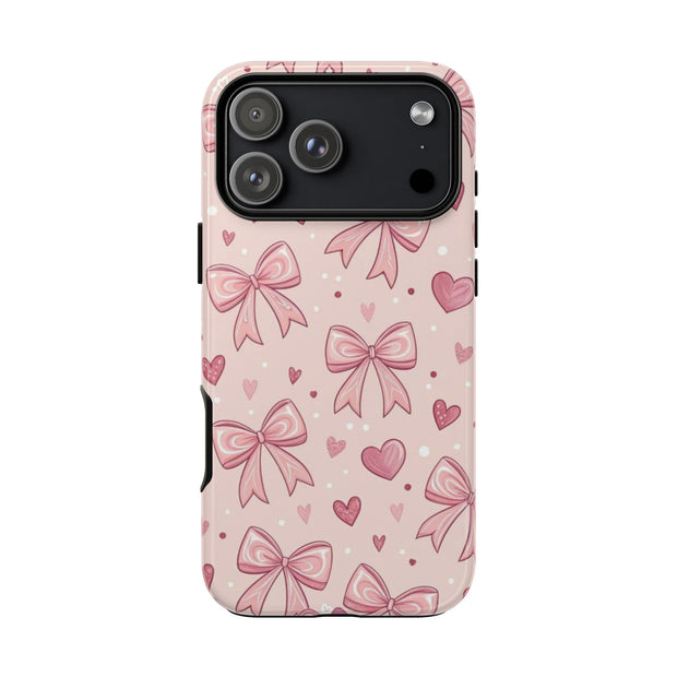 Pink Bow & Hearts Tough Phone Case — Cute Floral Ribbon iPhone Cover