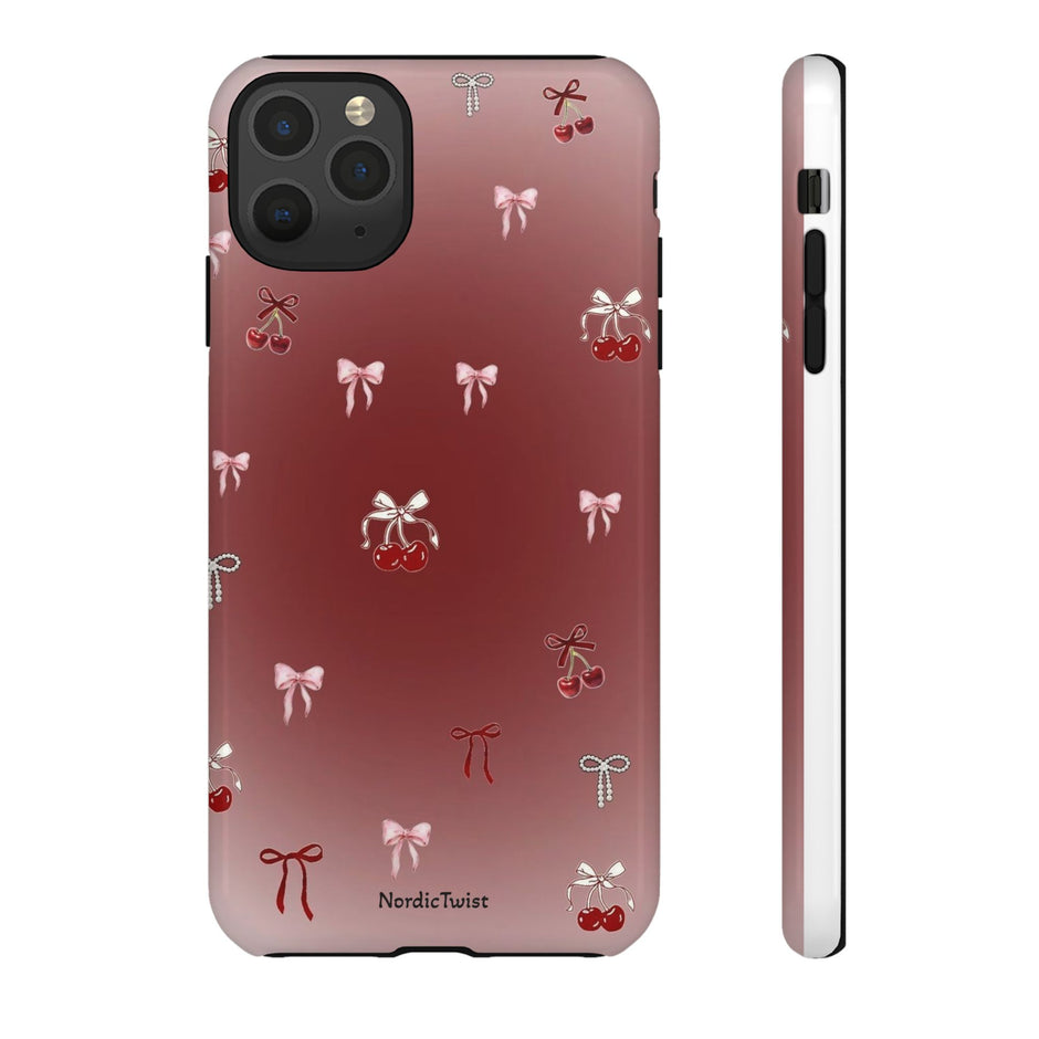 Cherry Bow Phone Case — Cute Red Gradient Protective Cover